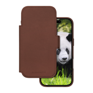 dbramante1928 - Lynge MagSafe Brown Wallet Ægte Læder - iPhone 17 Air, set med cover foran mobil skærm